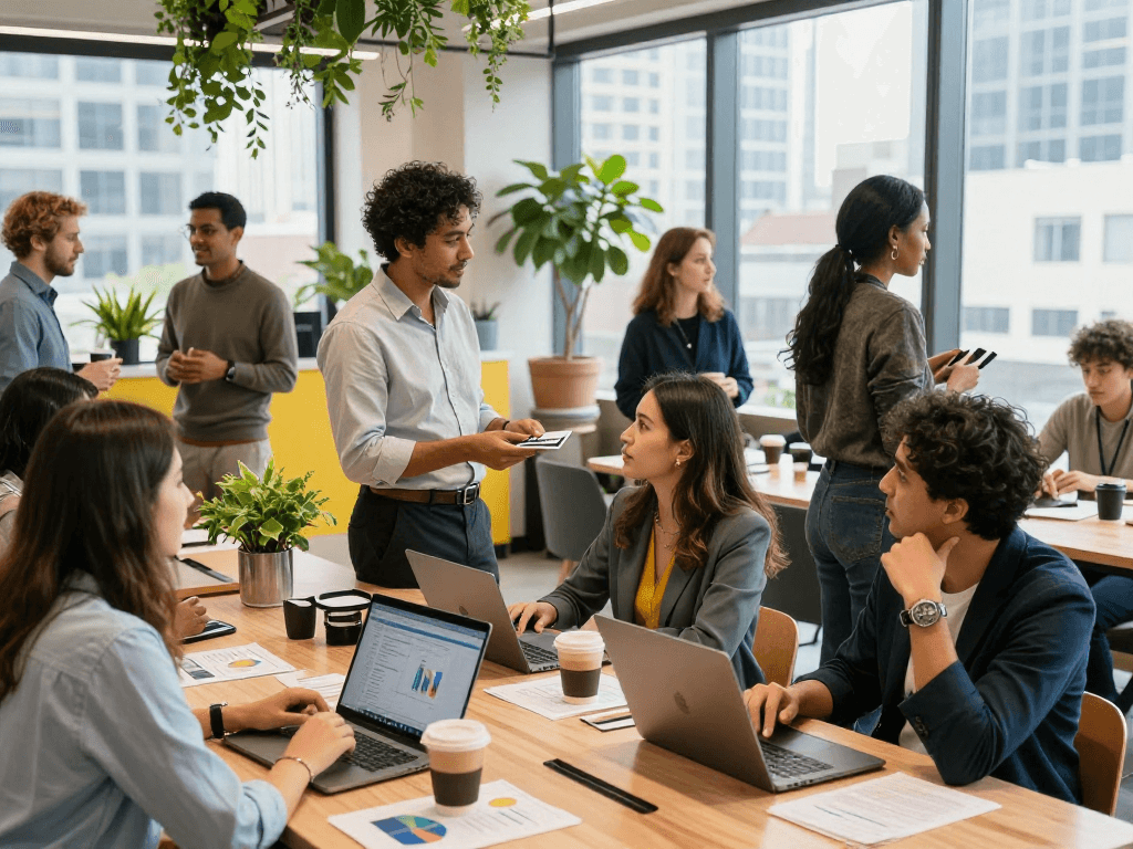 Business owners networking in an urban workspace during a vibrant event.