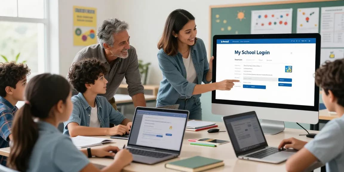 Parents and students using my school login in a bright classroom setting, showcasing educational technology and collaboration.