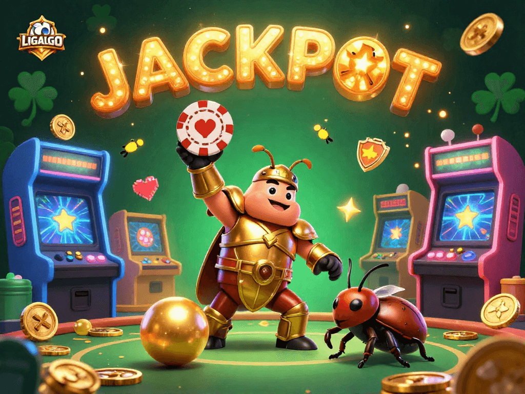 LIGALGO showcases a joyful gambling scene featuring a hercules beetle celebrating with a winning poker chip, surrounded by festive game elements.