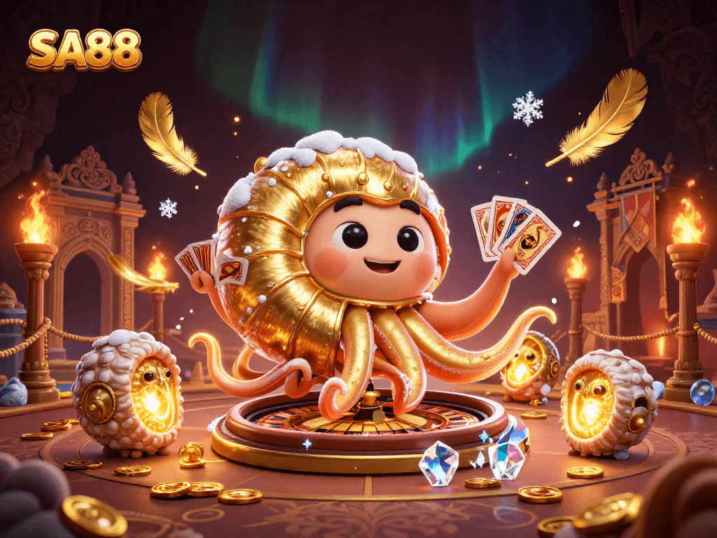 Engage with SA88's striking 3D casino scene featuring a giant nautilus roulette wheel and glowing ammonite companions.