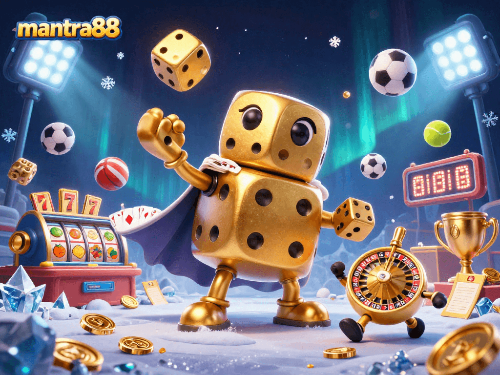 Win big at mantra88 with a thrilling 3D casino adventure featuring golden dice, slot reels, and vibrant gaming action.