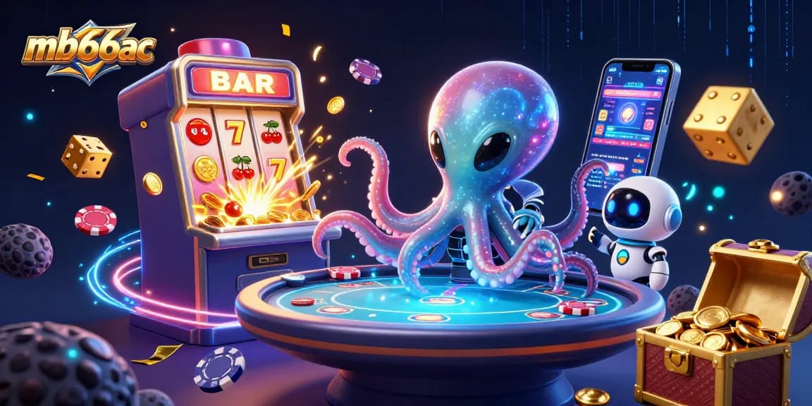 Engage with mb66ac's vibrant alien casino scene, showcasing holographic poker and dynamic slot excitement.