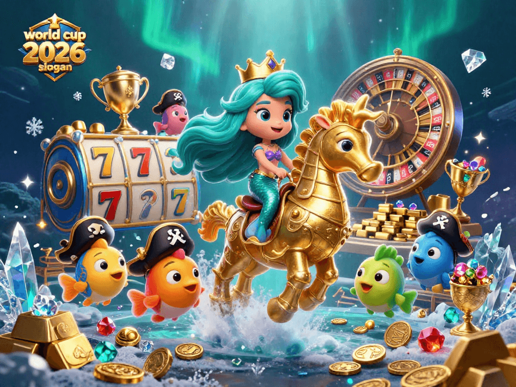 Engage with vibrant world cup 2026 slogan-themed casino illustration featuring a mermaid on a seahorse.