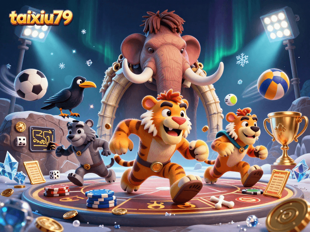 Engage in thrilling gameplay with taixiu79 at a prehistoric casino featuring vibrant characters and interactive elements.