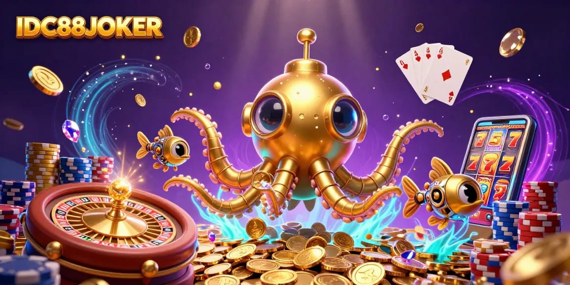 IDC88JOKER reveals thrilling underwater adventures in a vibrant casino-themed 3D illustration.