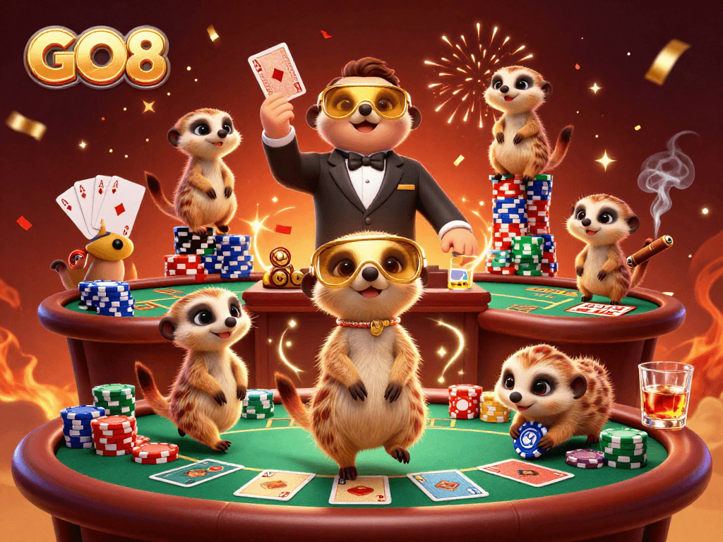 GO8 meerkats running a casino operation with colorful poker chips and celebration effects