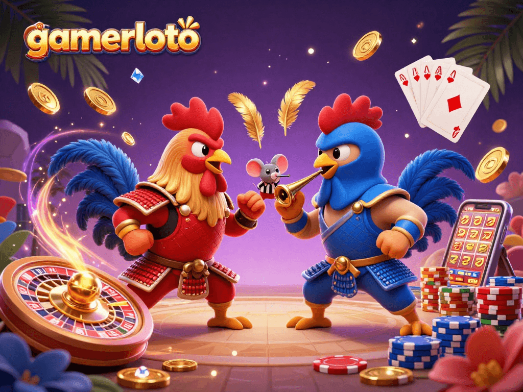 Experience thrilling gameplay with gamerloto's vibrant 3D fighting roosters in a dynamic casino scene.