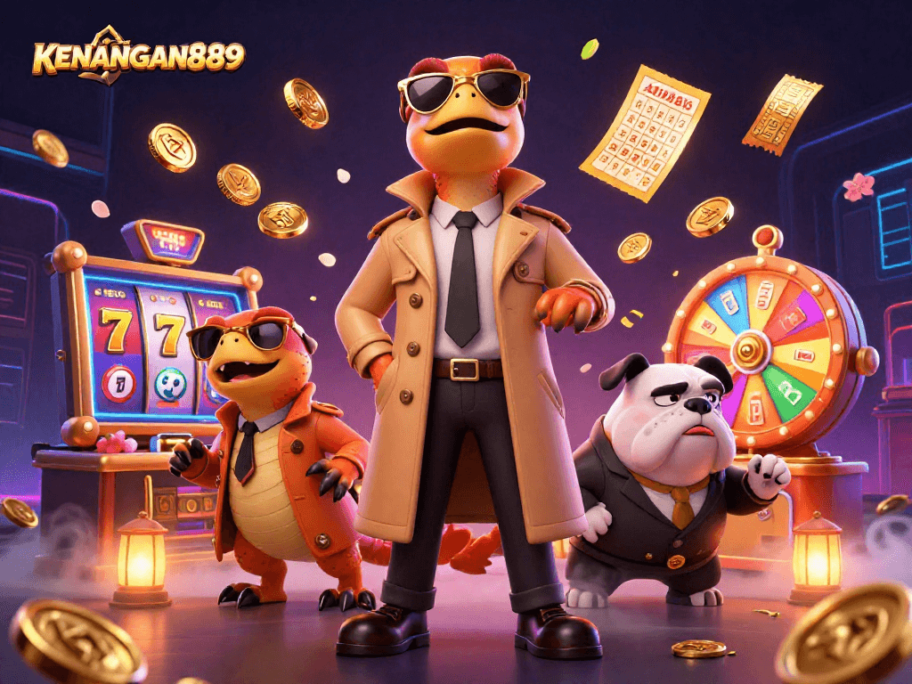 Engage with KENANGAN889 in a vibrant casino setting featuring raptors in disguise and dynamic gaming elements.