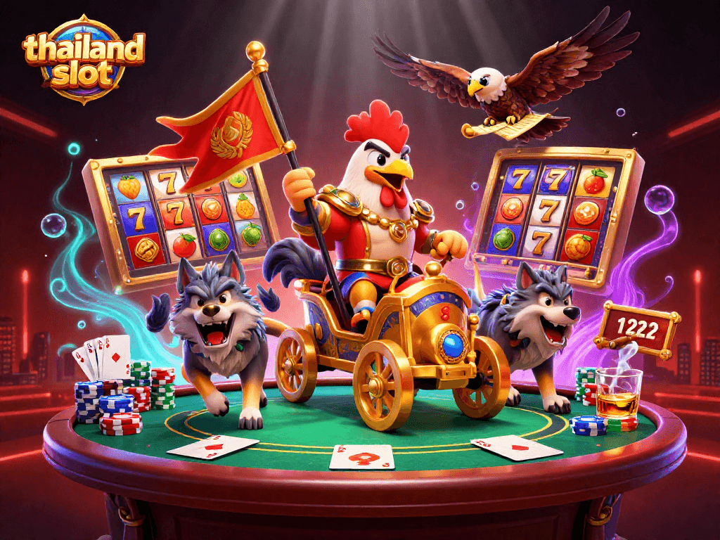 Experience the excitement of thailand slot with a majestic rooster warlord and vibrant casino elements in a dynamic scene.