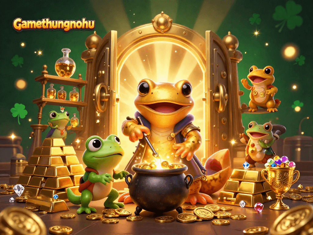 Experience the excitement at gamethuongnohu with a 3D golden alchemist transforming base metals into gold coins.