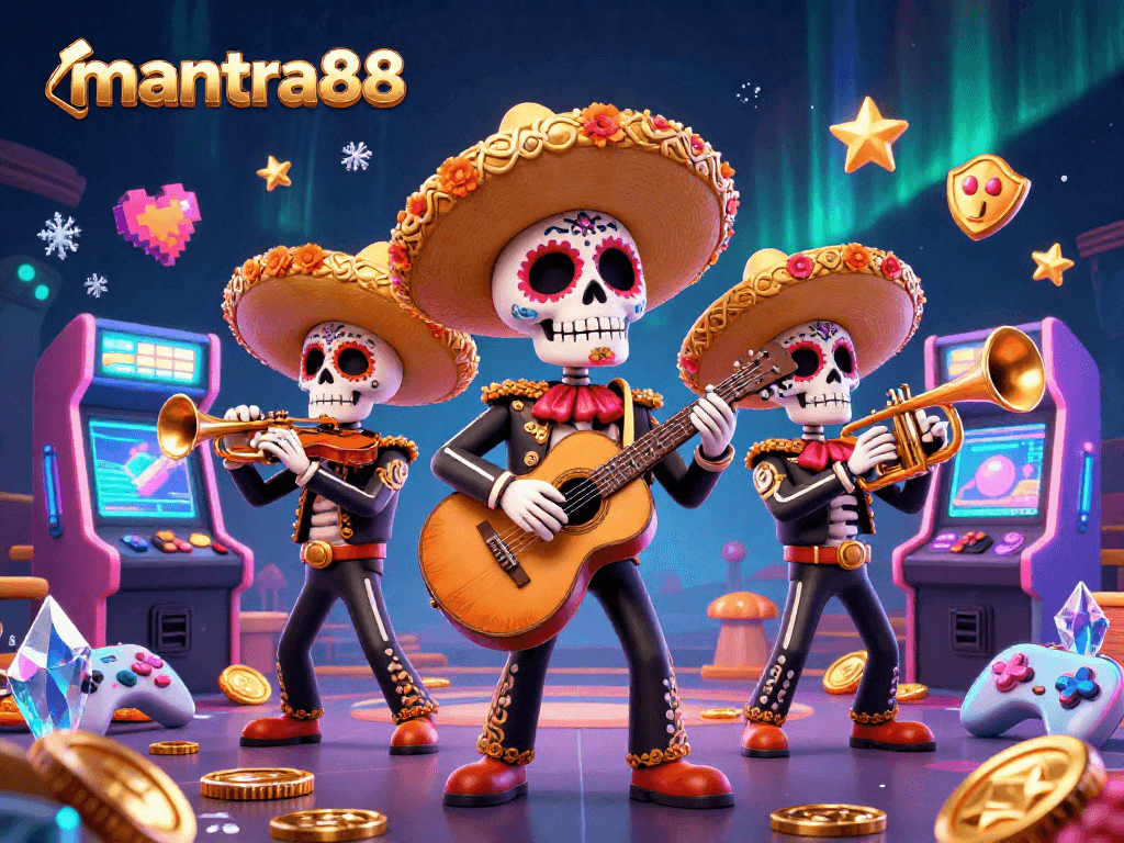 mantra88 engages players with a vibrant 3D illustration of a lively mariachi band in a vibrant casino scene.
