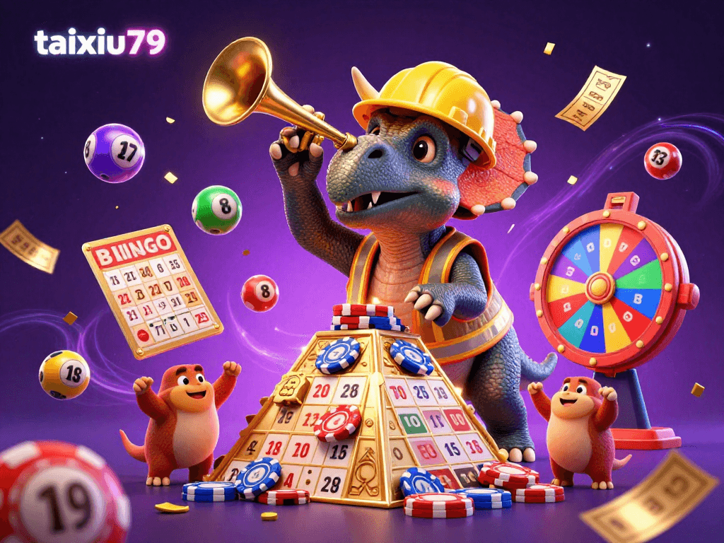 Experience the excitement of taixiu79 with a 3D triceratops building a poker chip pyramid amidst dynamic lottery elements.