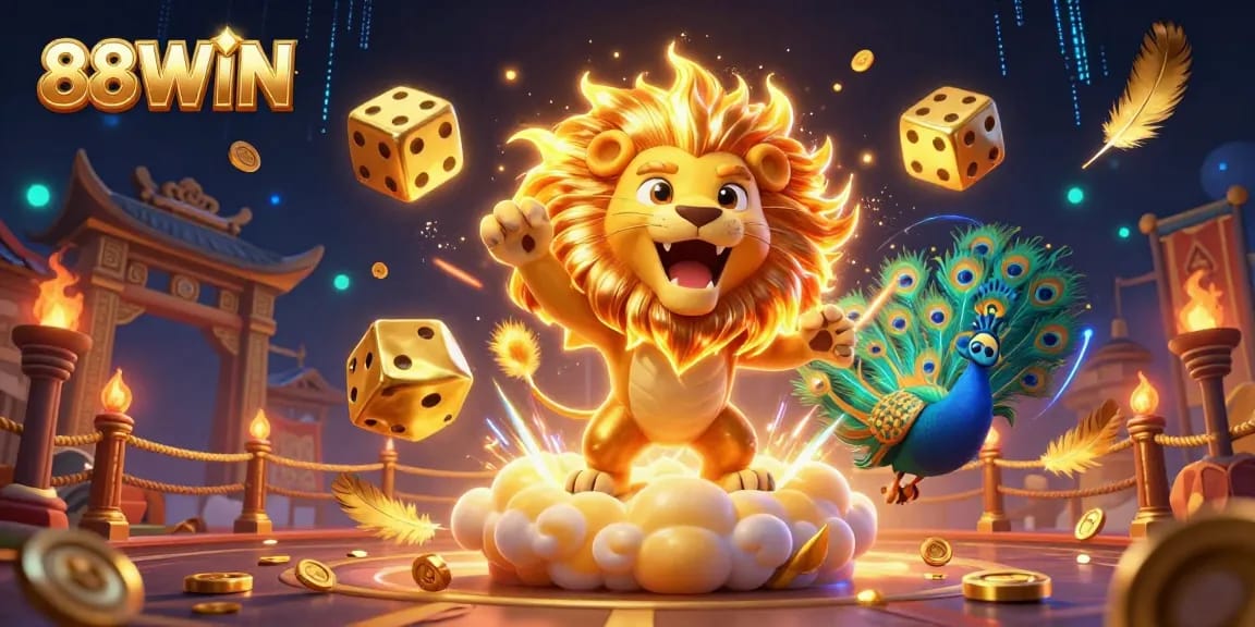 Experience thrilling wins with 88WIN in this dynamic casino-themed illustration.