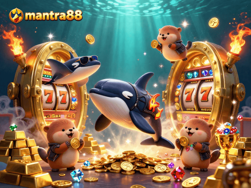 Experience mantra88's thrilling gameplay with orca and sea otters amid vibrant slot symbols.