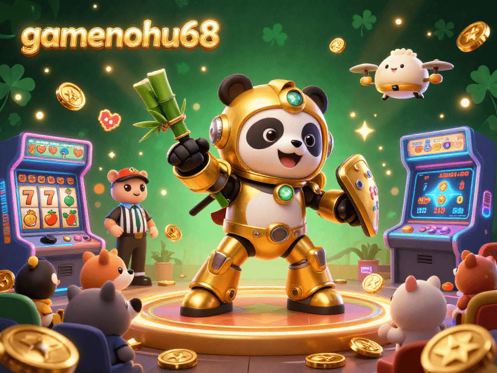 Experience the excitement of gamenohu68 with a vibrant casino-themed 3D illustration showcasing dynamic gaming action.