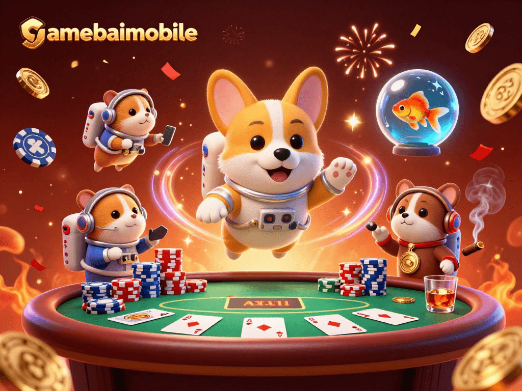Spin and win with gamebaimobile's space-themed casino adventure, featuring a floating corgi and vibrant poker elements.