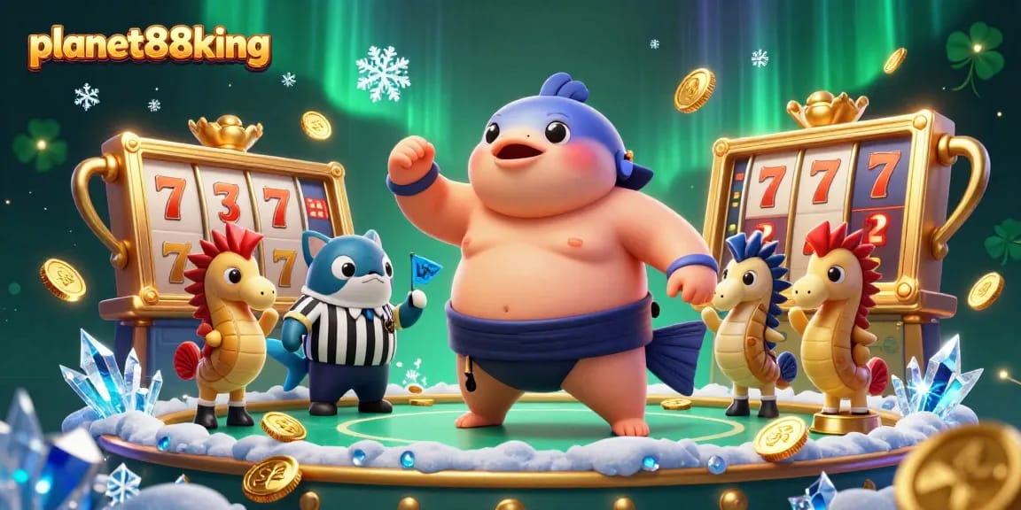 Join the excitement at planet88king with a vibrant underwater casino scene featuring a fugu champion, slot elements, and fans.
