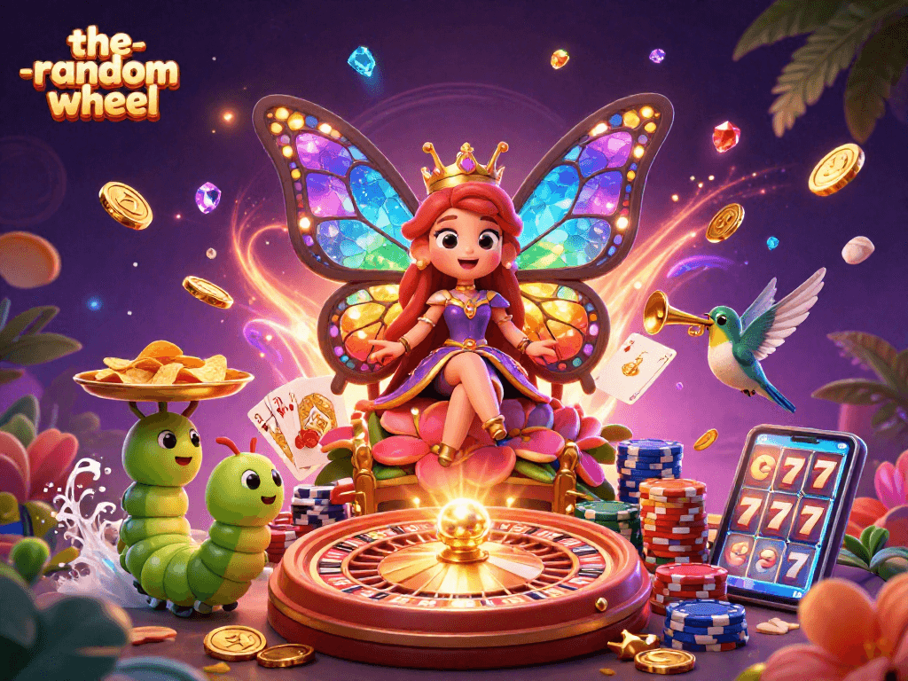 Experience the-random-wheel excitement with a butterfly queen amidst golden coins and vibrant casino elements.