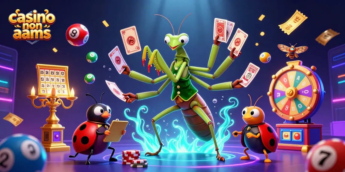 Giocare ai casino non AAMS con un mantide gigante e una coccinella in un'illustrazione vivace.
