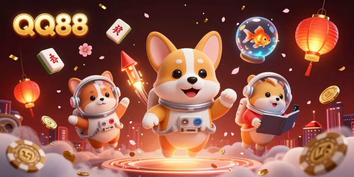 Experience excitement at QQ88 with a cartoon astronaut corgi in a vibrant casino scene.