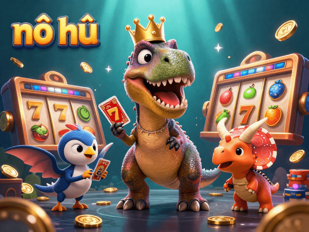 Engage with the exciting nổ hũ gaming scene featuring a T-Rex and friends playing slots.