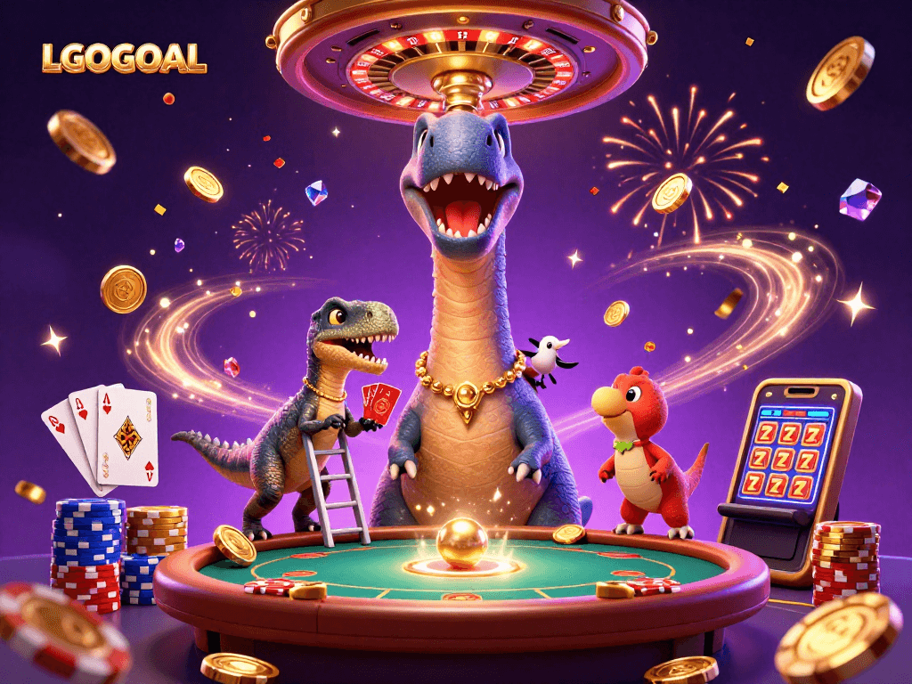 Engage with LGOGOAL's vibrant casino scene featuring a giant brontosaurus and sparkling gaming elements
