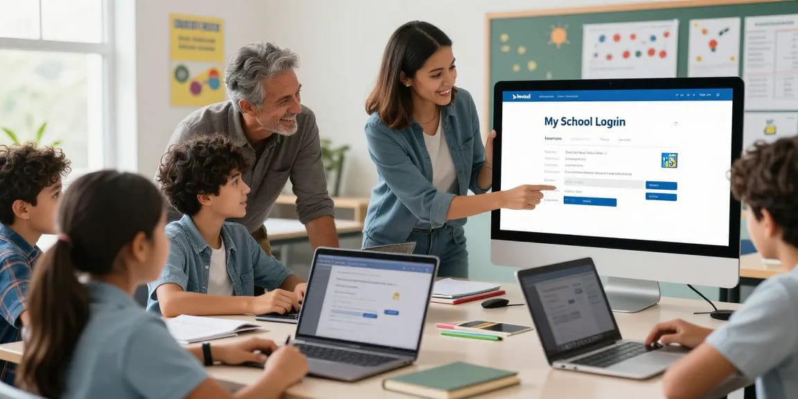 Parents and students using my school login in a bright classroom setting, showcasing educational technology and collaboration.