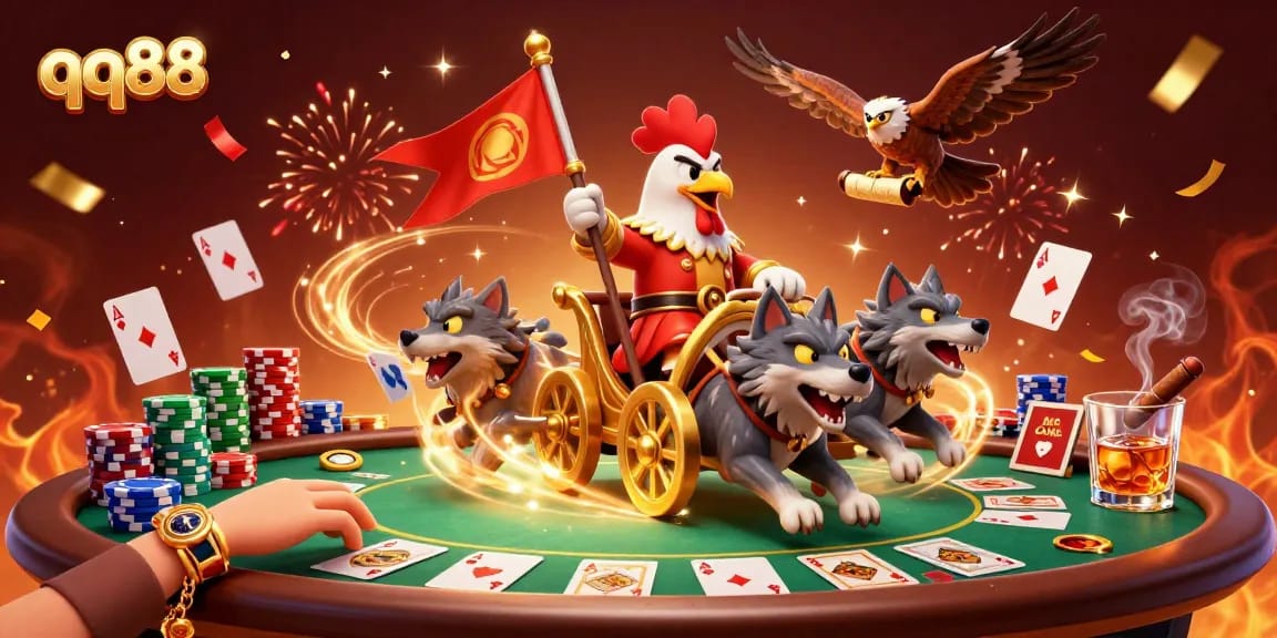 Experience thrilling action at qq88 casino with a vibrant 3D illustration showcasing card games and dynamic characters.