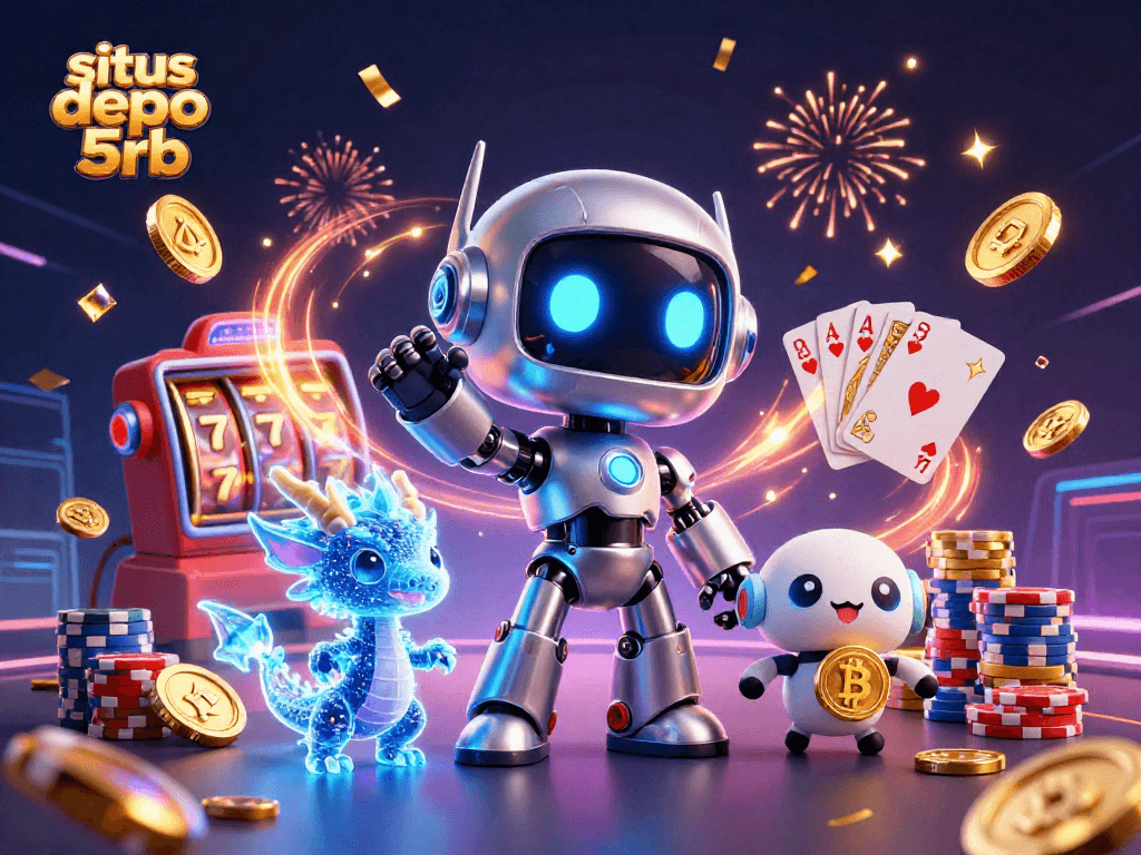 Win big at situs depo 5rb with electrifying 3D illustrations of slot machines, golden coins, and colorful gaming elements.