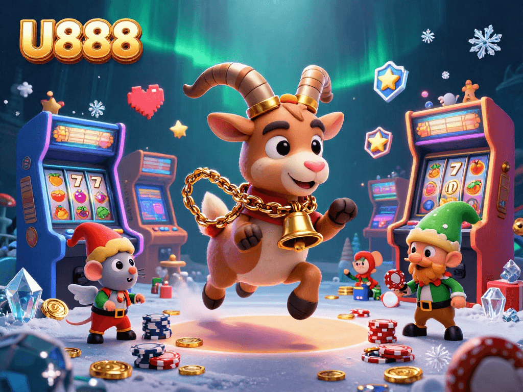 Engage in thrilling U888 casino adventures with acrobatic characters and vibrant gaming elements in a festive atmosphere.