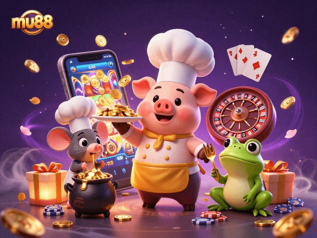 mu88 features a whimsical casino scene with a chef pig and a frog critic, representing vibrant casino gaming.