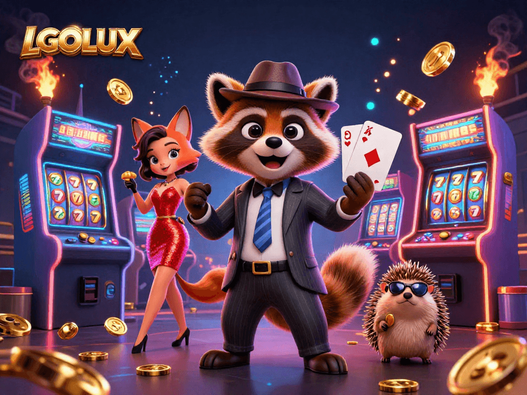 Experience thrilling gameplay with LGOLUX's expert raccoon, glamorous fox, and bouncer in a lively casino scene.