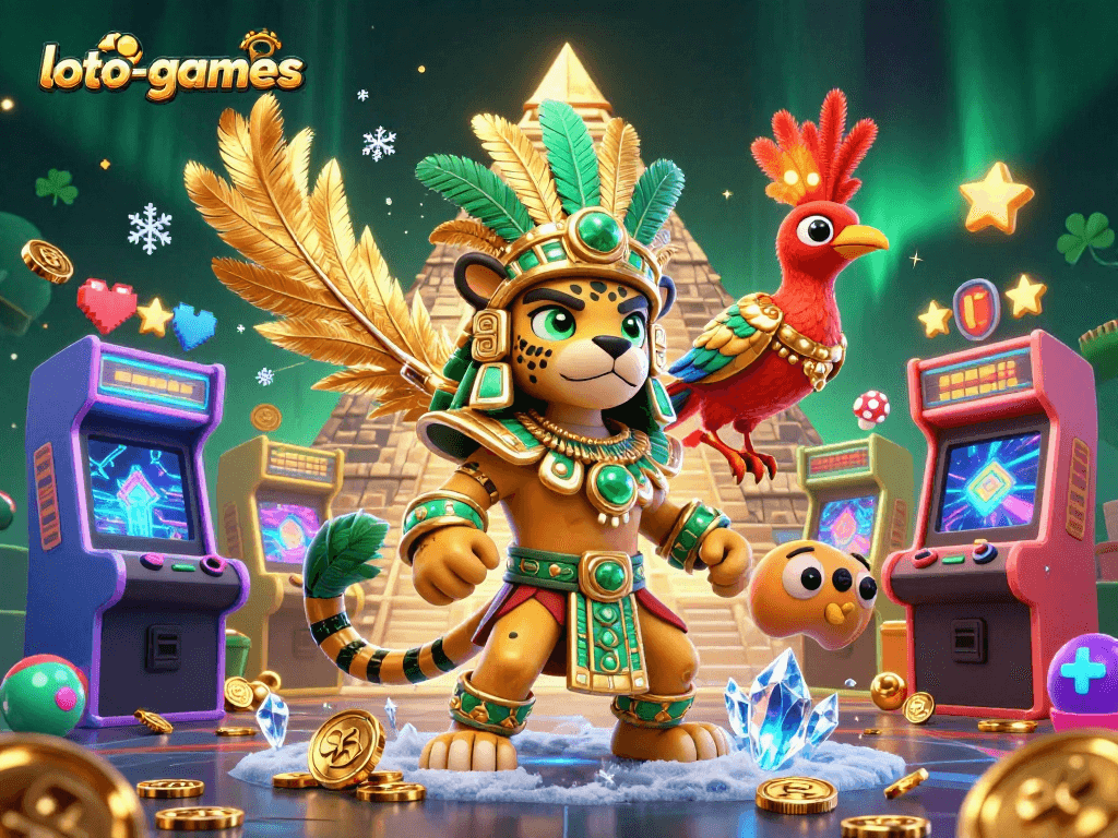 Join the fun at loto-games with our dynamic Mayan priest and gaming elements.