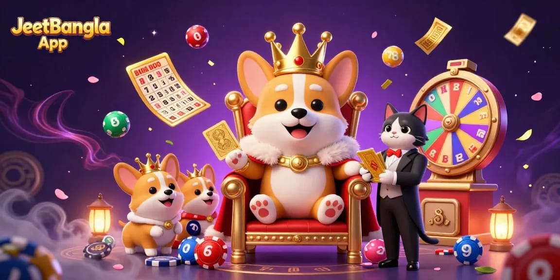 Engage with the JeetBangla App's vibrant 3D casino experience featuring dynamic lottery elements and characters.