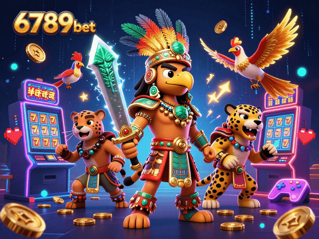 Engage with exciting gaming adventures at 6789bet, featuring stunning Aztec warriors and vibrant slot machines.
