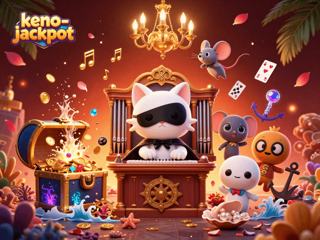 Engage with the keno-jackpot excitement in a vibrant casino scene featuring playful characters.