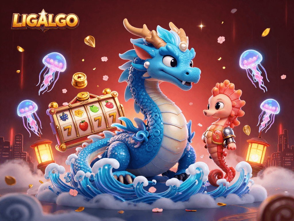 LIGALGO showcases an engaging 3D scene with dragons and slot elements, enhancing casino excitement.