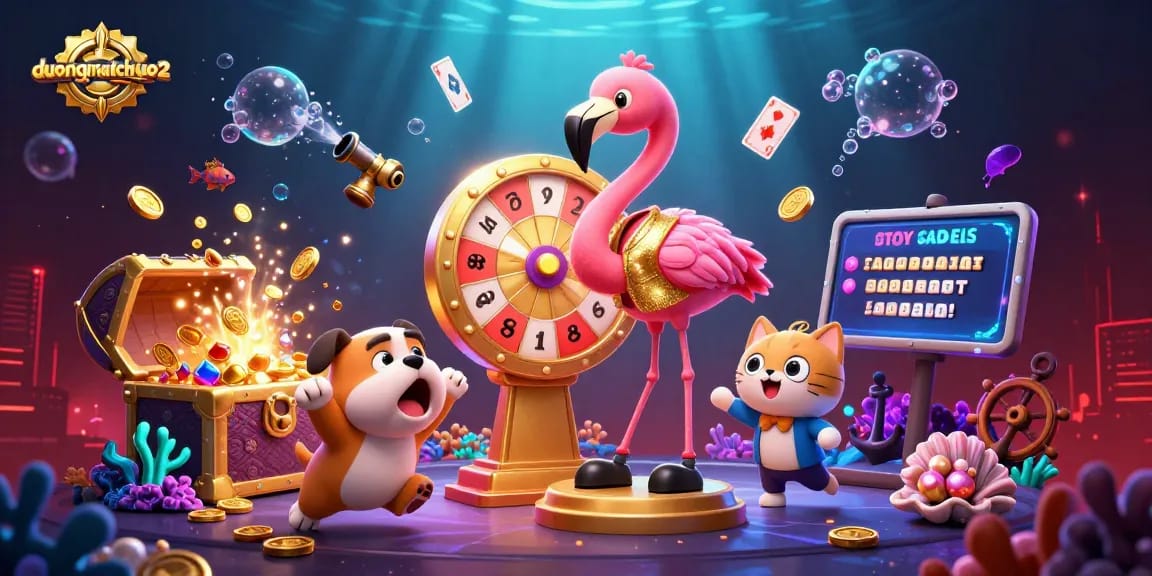 Engage with duongmatchuoc2 as the flamingo host spins the prize wheel surrounded by treasure elements.