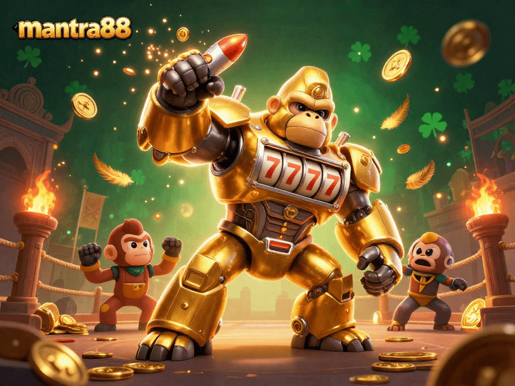 Engage in thrilling action at mantra88 with a golden gorilla mech and vibrant casino elements.