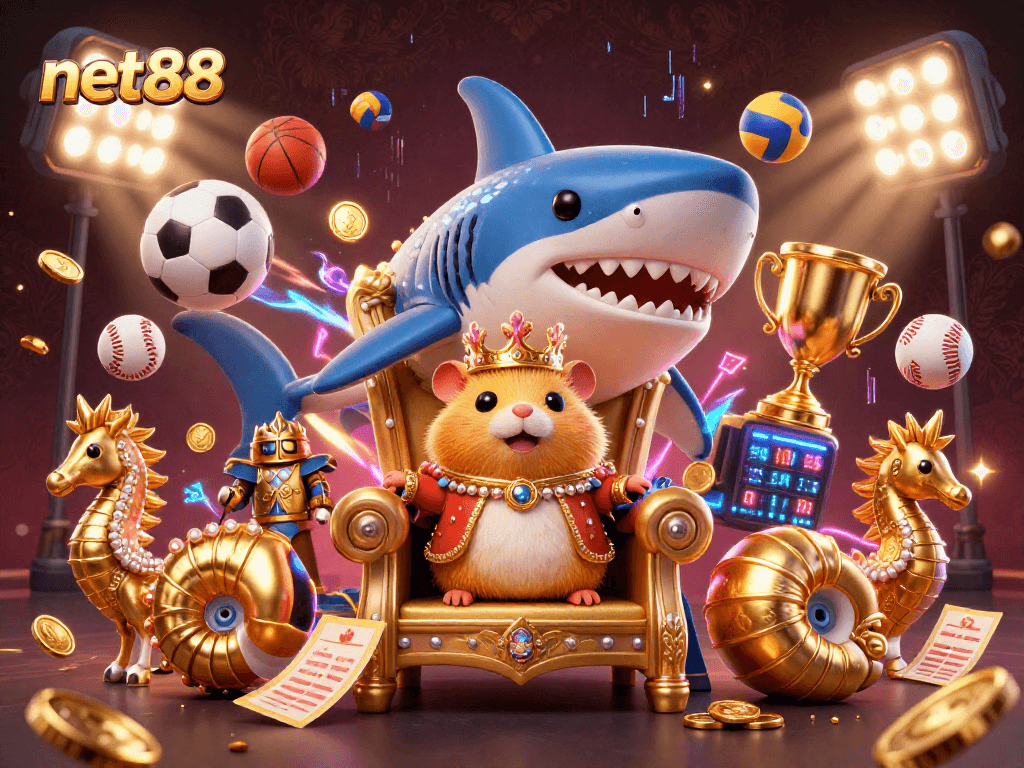 Experience net88 with a fierce golden hamster king in a dynamic 3D casino scene filled with sports betting elements.