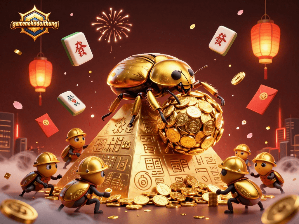 Spin and win big with gamenohudoithuong as golden beetles roll in a vibrant casino scene.