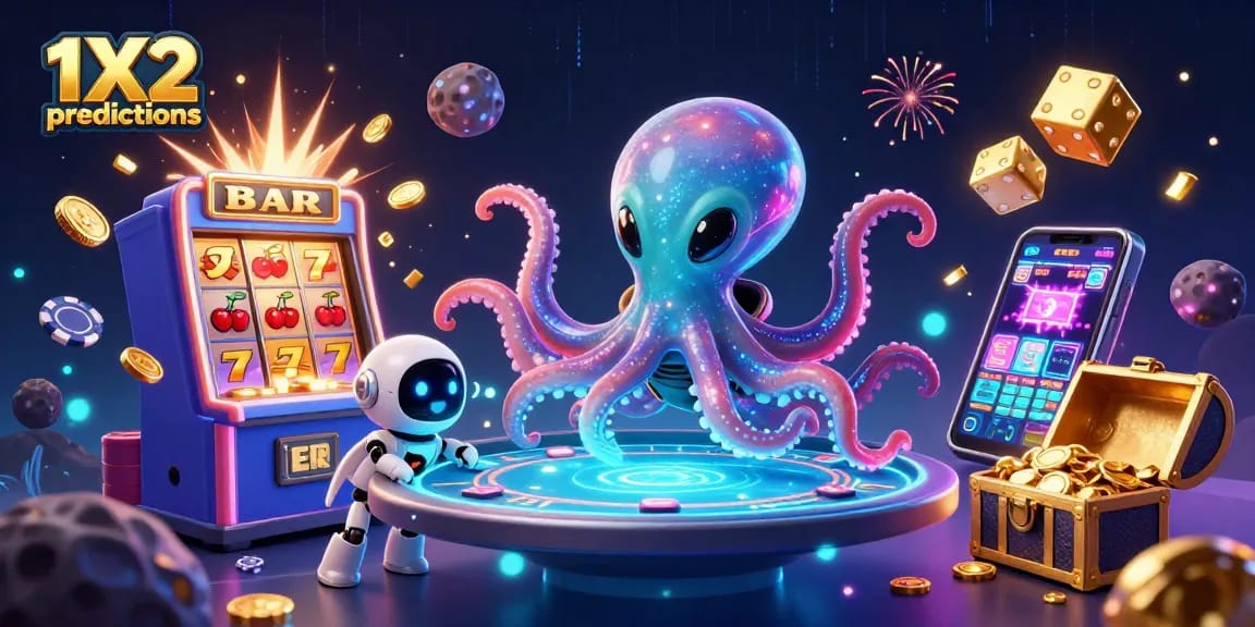 Engage with 1X2 predictions amidst an exciting 3D casino scene featuring animated characters and dynamic game elements.