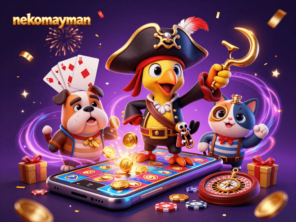 Neko May Mắn adventure with colorful slots and gaming elements bursting around, showcasing a dynamic online casino experience.