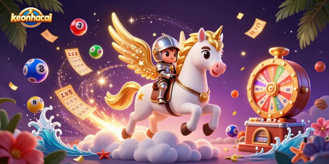 Engage in winning lotteries with keonhacai, featuring a vibrant scene of balloons and gaming elements.