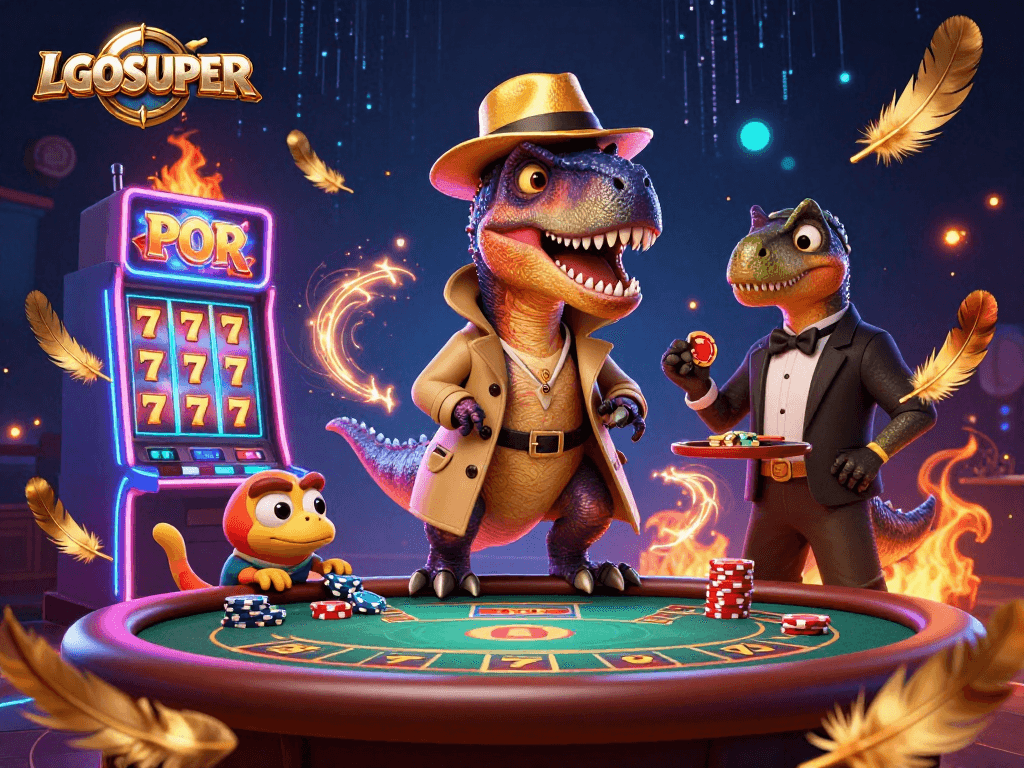 Experience the thrilling atmosphere of LGOSUPER with a cartoon velociraptor card counter and slot action.
