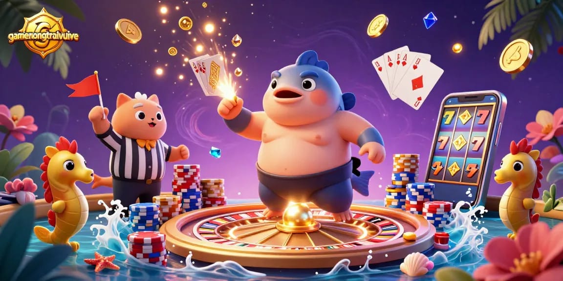 Experience excitement at gamenongtraivuive with vibrant 3D casino illustration featuring fun underwater characters.