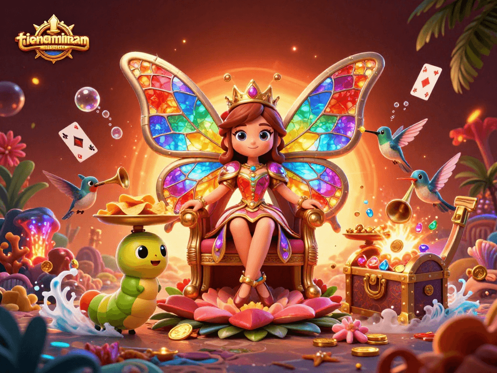 Engage in strategic gameplay at tienlenmiennam with vibrant characters and floating playing cards.