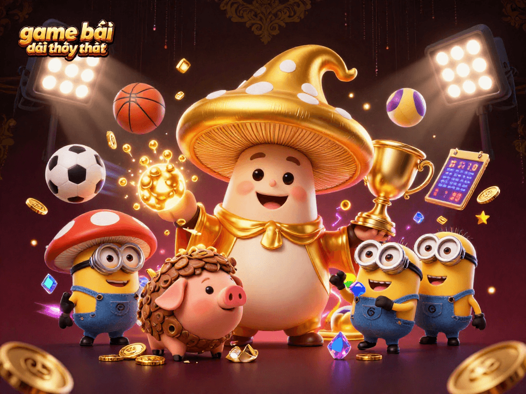 Experience the thrill of game bài đổi thưởng uy tín with this vibrant scene featuring a magic wizard, treasure-hunting pig, and sports elements.