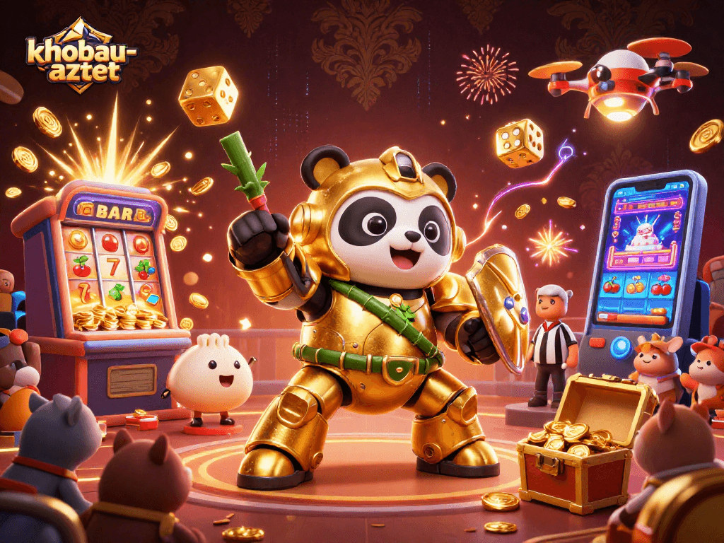 Experience the gold rush in khobau-aztec featuring a mech-suit panda and dynamic casino elements.