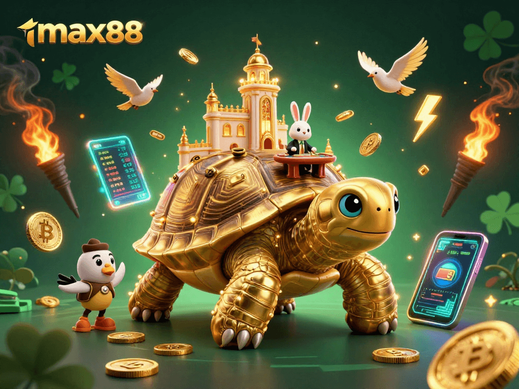 Max88 showcases seamless betting with vibrant characters in a cartoonish casino scene.